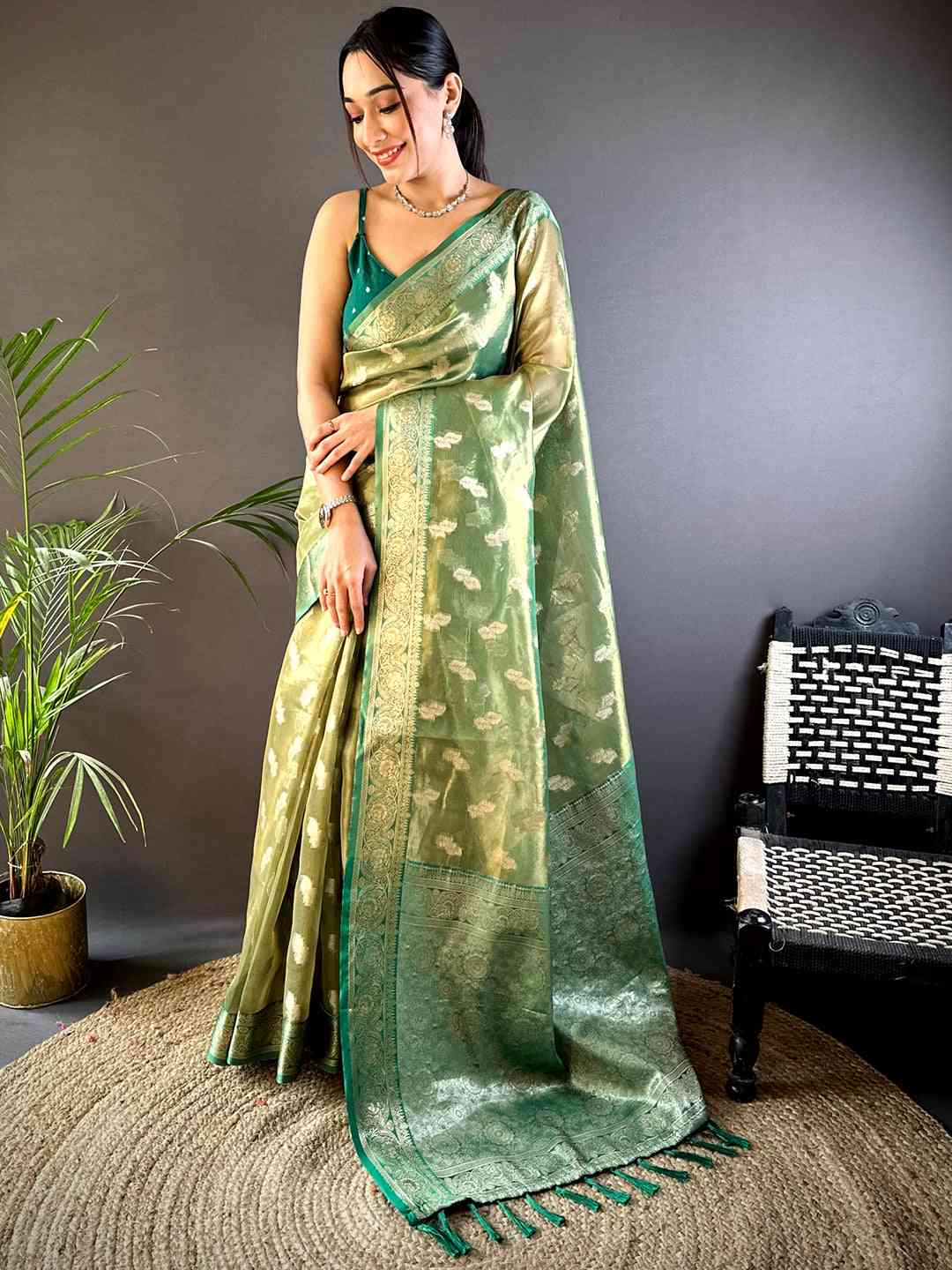 Serene Forest Green Kora Tissue Saree