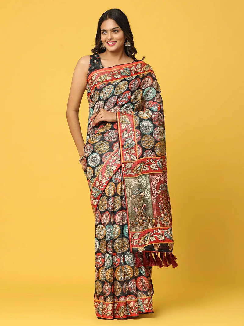 Soft Linen Kalamkari Block Print Party Wear Saree