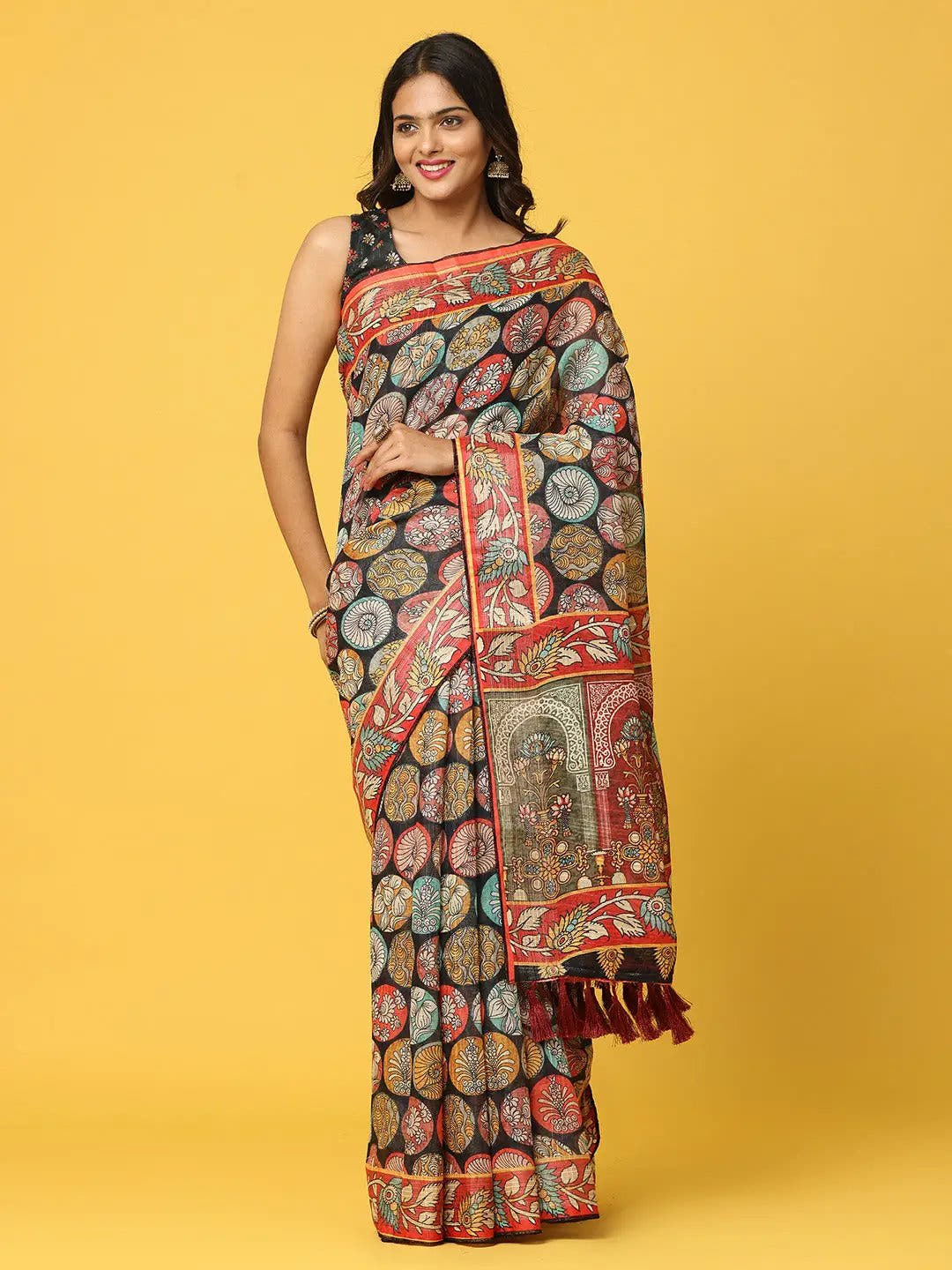 Soft Linen Kalamkari Block Print With Sequin Border