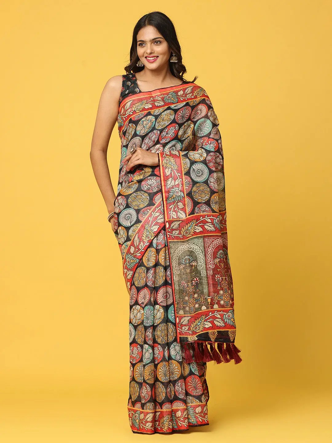 Soft Linen Kalamkari Block Print With Sequin Border