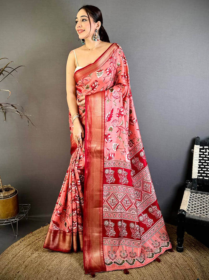 Peach Soft Dola Silk Floral Kanchi Border Saree