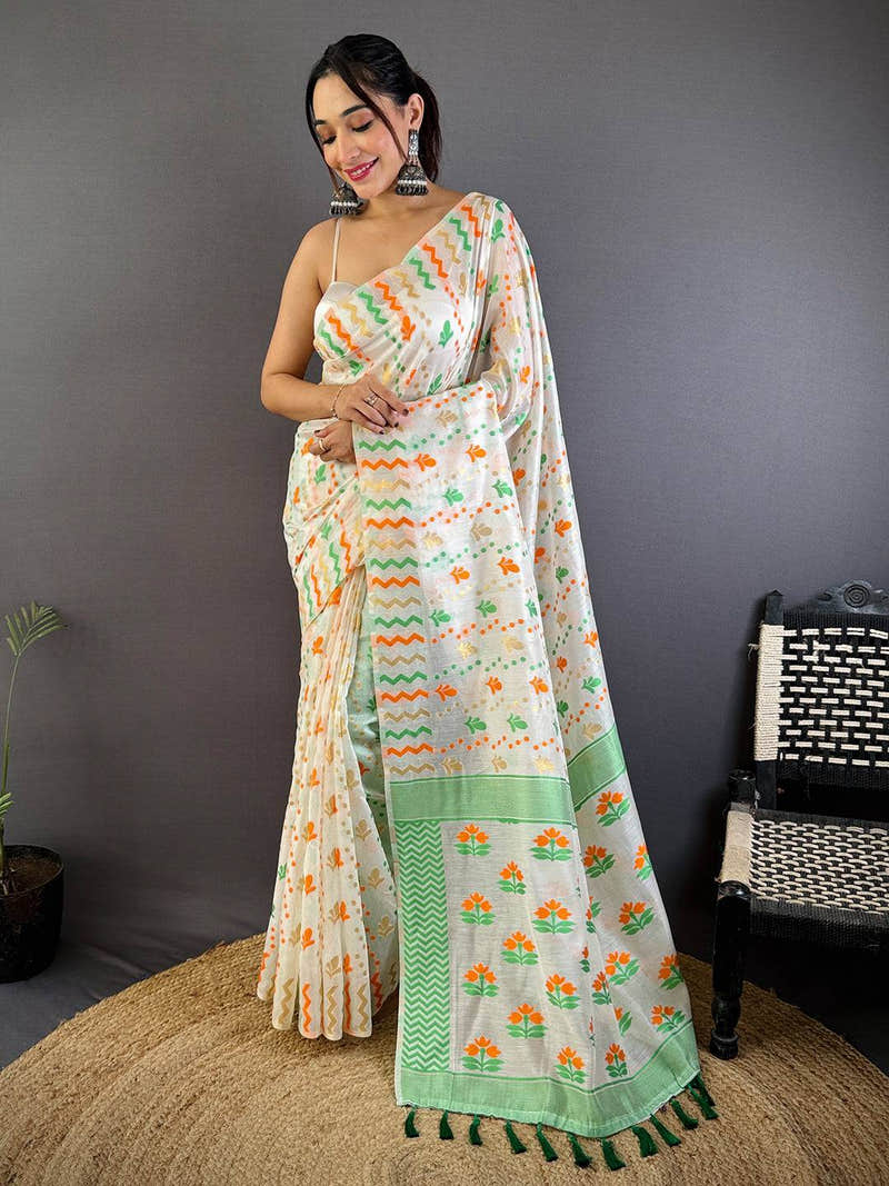 Vibrant Green Dhakai Jamdani Cotton Silk Saree