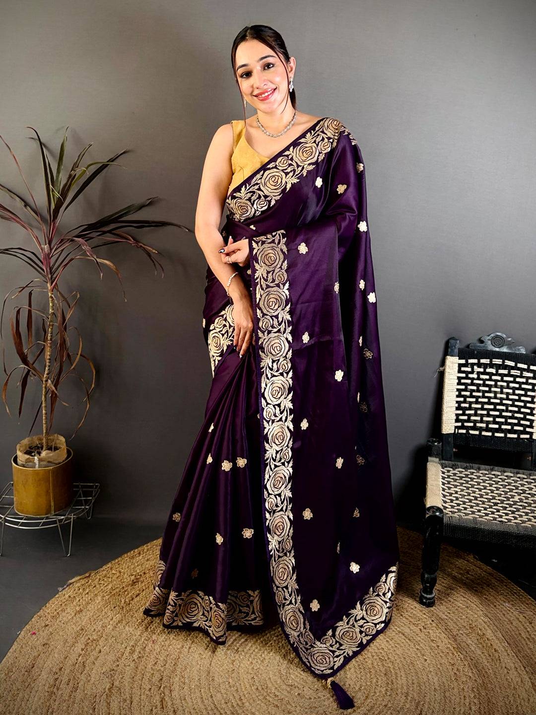 Magenta Aari Jhalar Tussar Satin Saree