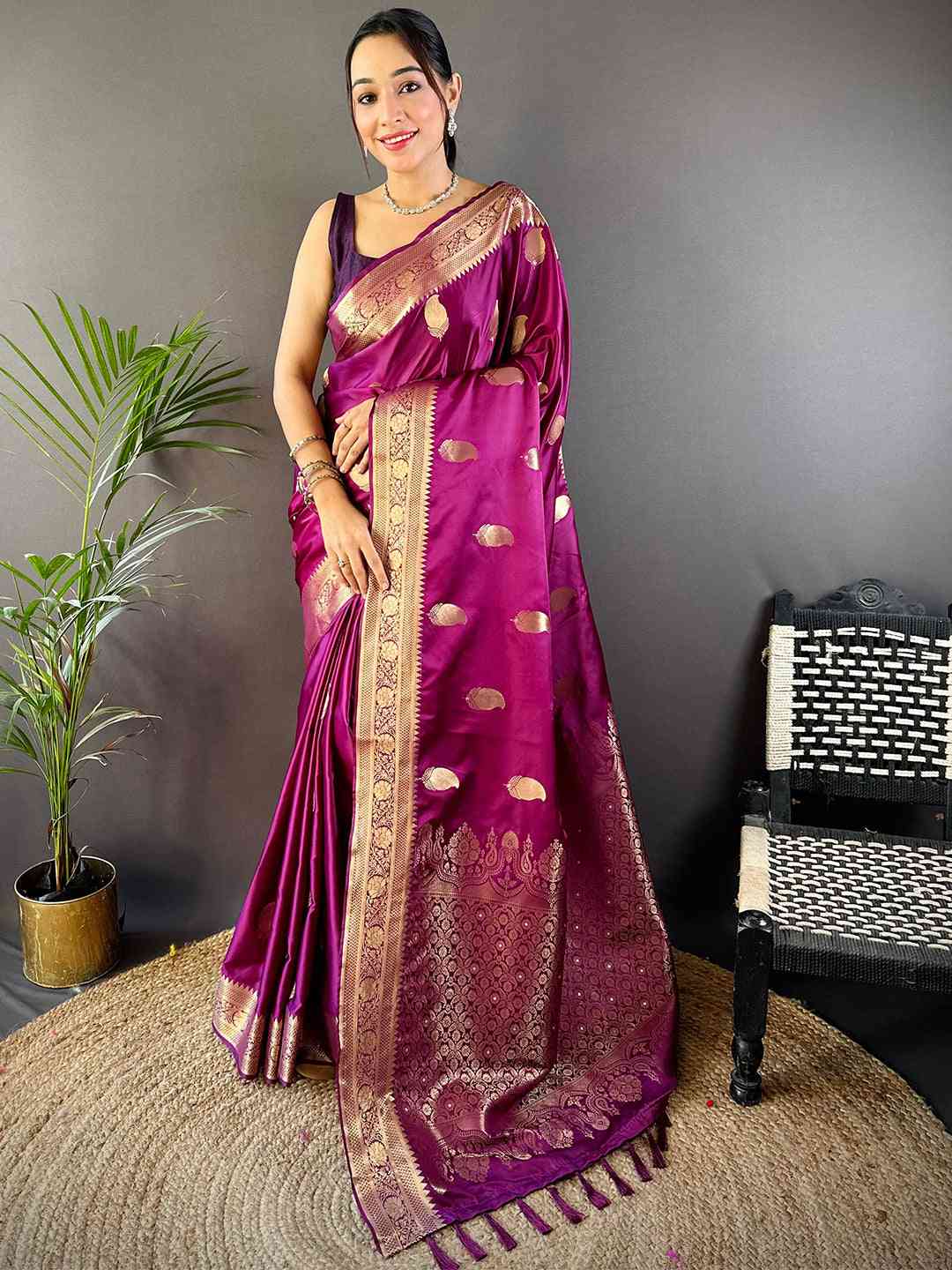 Wine Banarasi Soft Satin Masru Mango Silk Saree
