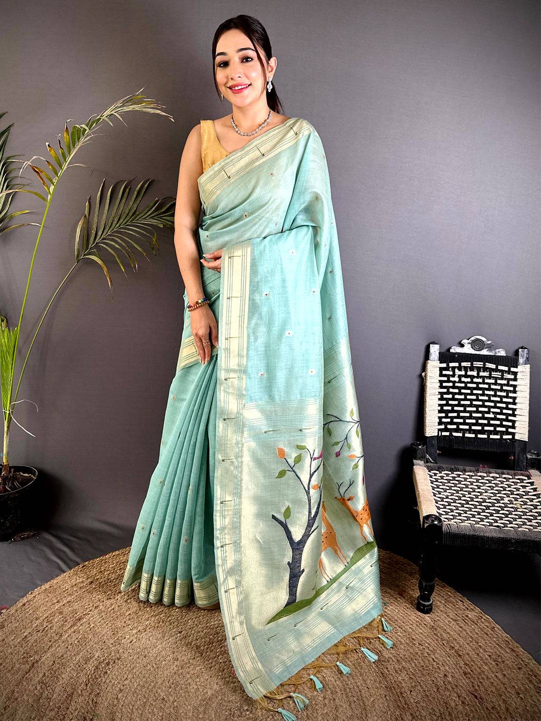Sky Blue Minakari Paithani Khadi Linen Saree