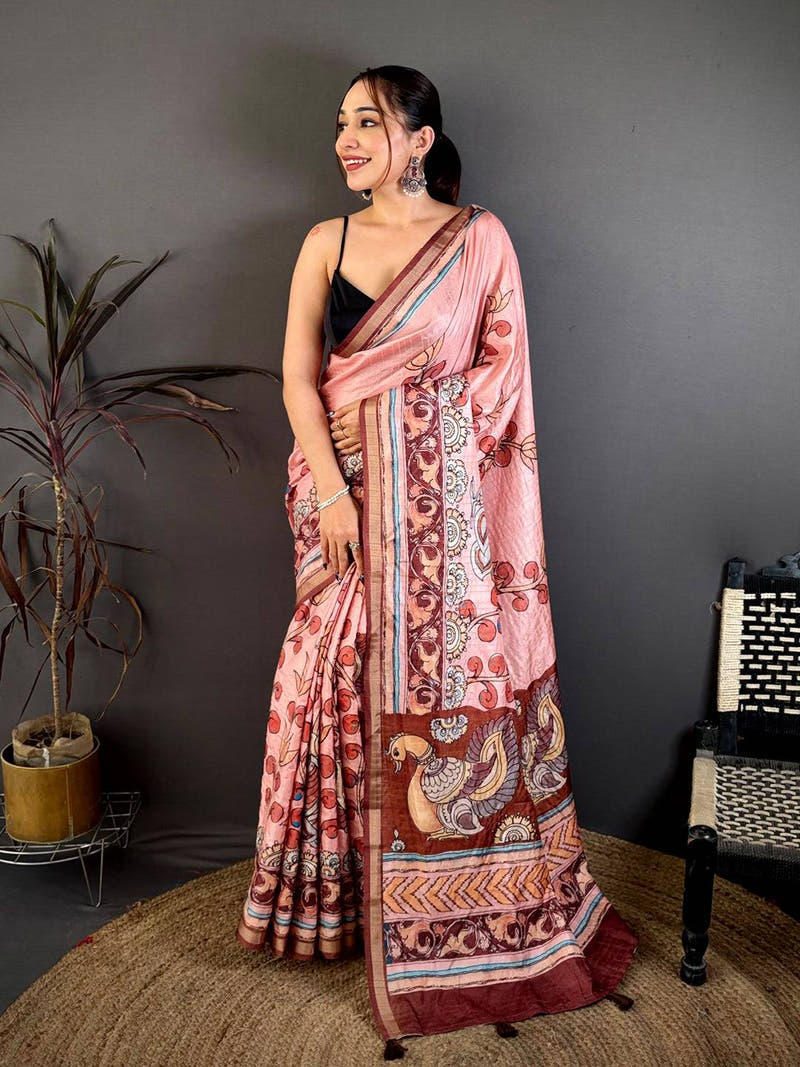 Classic Kalamkari Lotus Tussar Saree