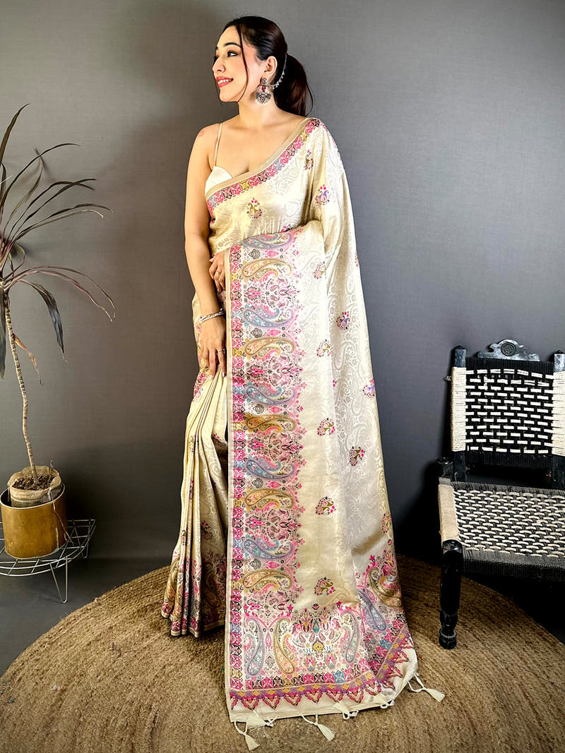 Elegant Kashmiri Jacquard Zari Weaving Saree