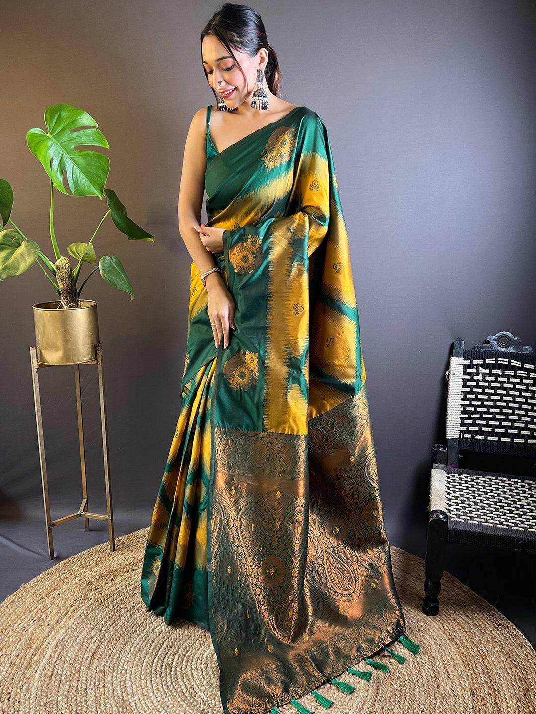 Mustard tussar silk saree with intricate ikkat border