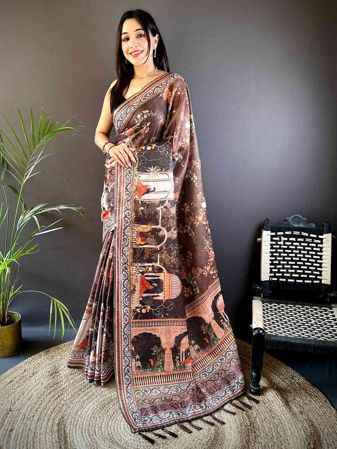 Coffee Brown Tissue Chanderi Kalamkari Handprint Saree