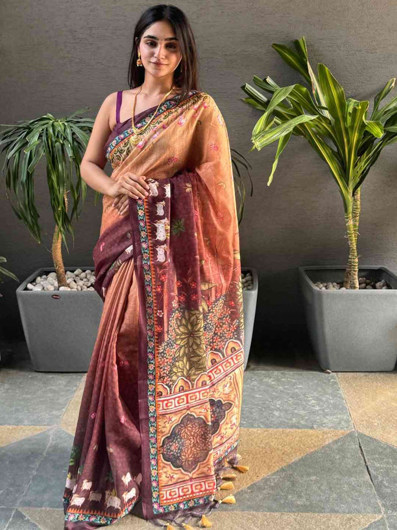 Soft Linen Ombre Pichwai Wine Saree, standing view