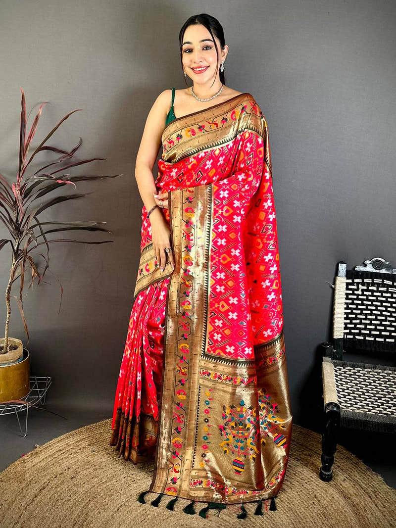Rani Pink Patola Silk Zari Weaving Saree
