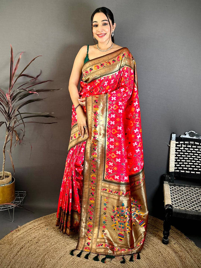 Rani Pink Patola Silk Zari Weaving Saree