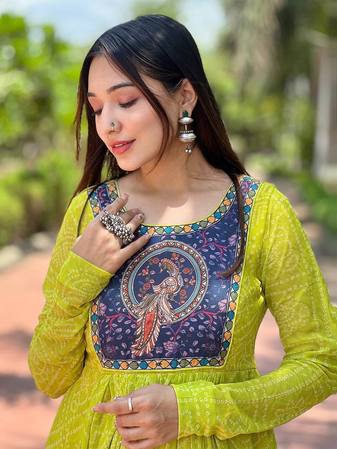 Detailed view of Pea Green Bandhej Dress and accessories