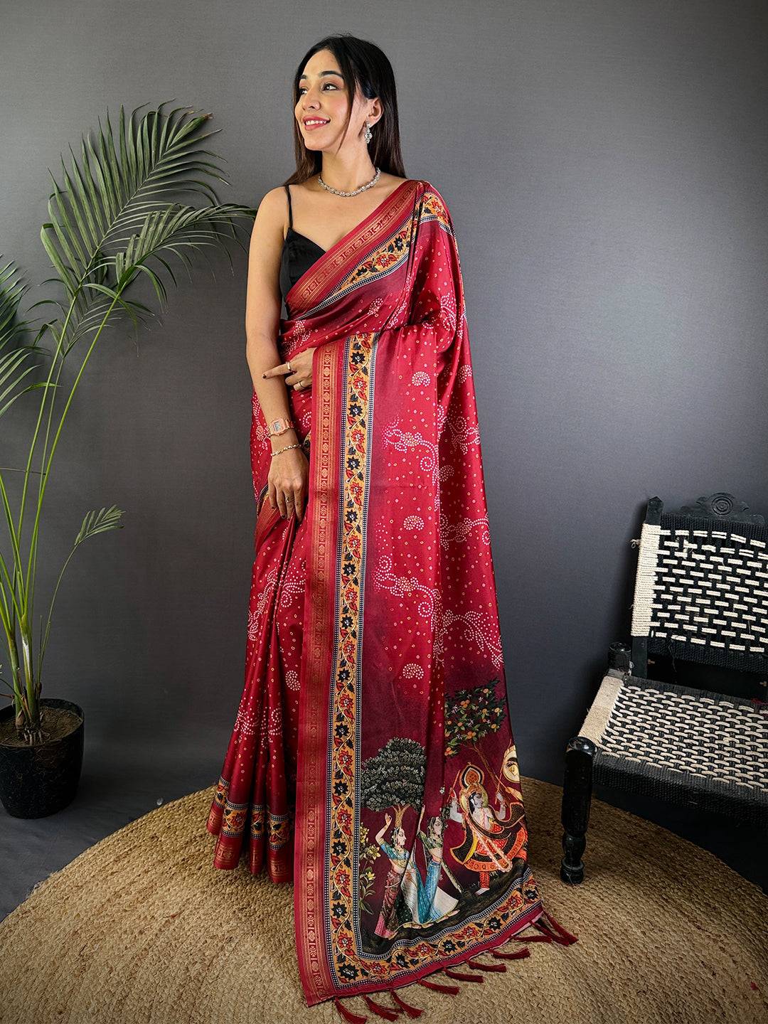 Red Bandhej Kalamkari Soft Silk Saree