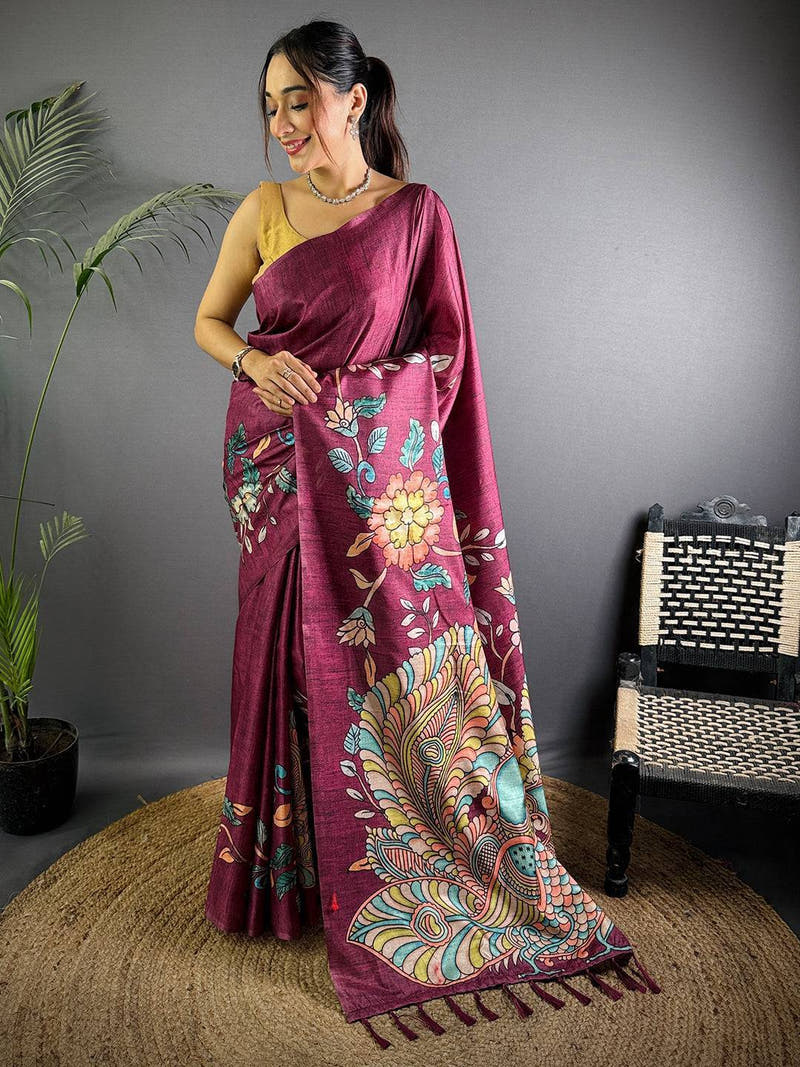 Wine Soft Semi Tussar Digital Print Saree