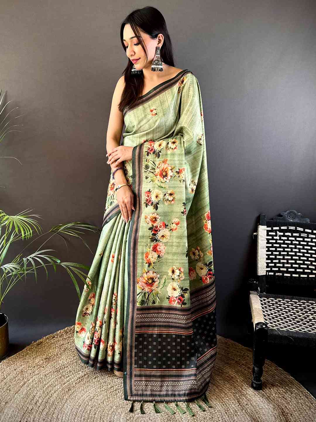 Floral Beauty in Light Green Tussar Zari Saree