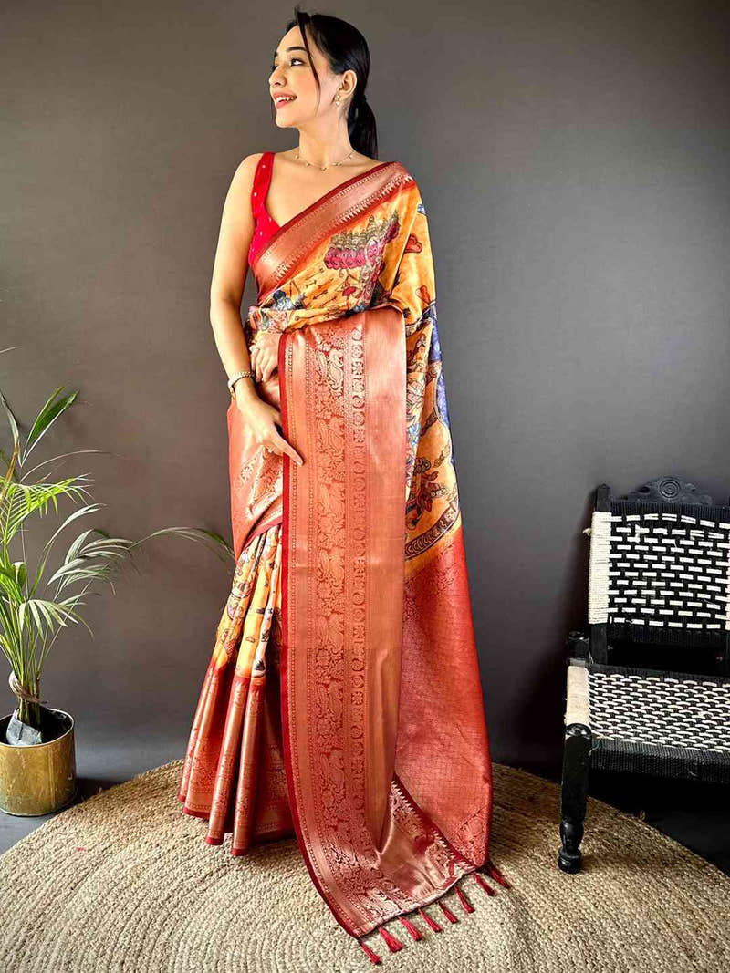 Mustard Ramayana Pen Kalamkari Printed Saree