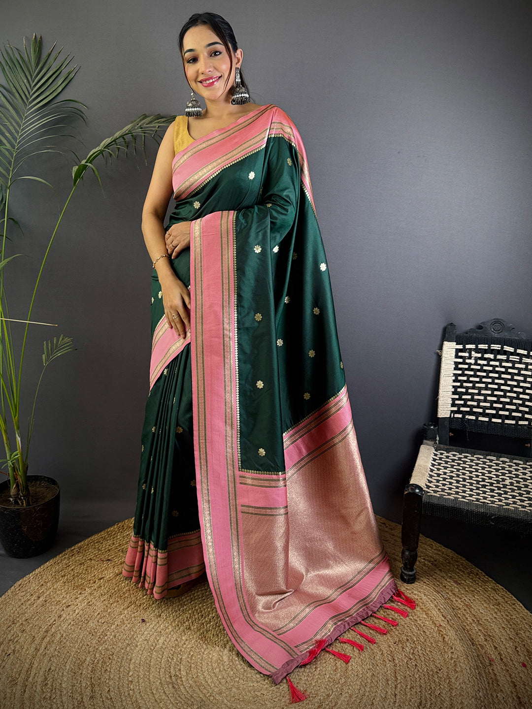 Bottle Green Soft Silk Floral Butta Saree