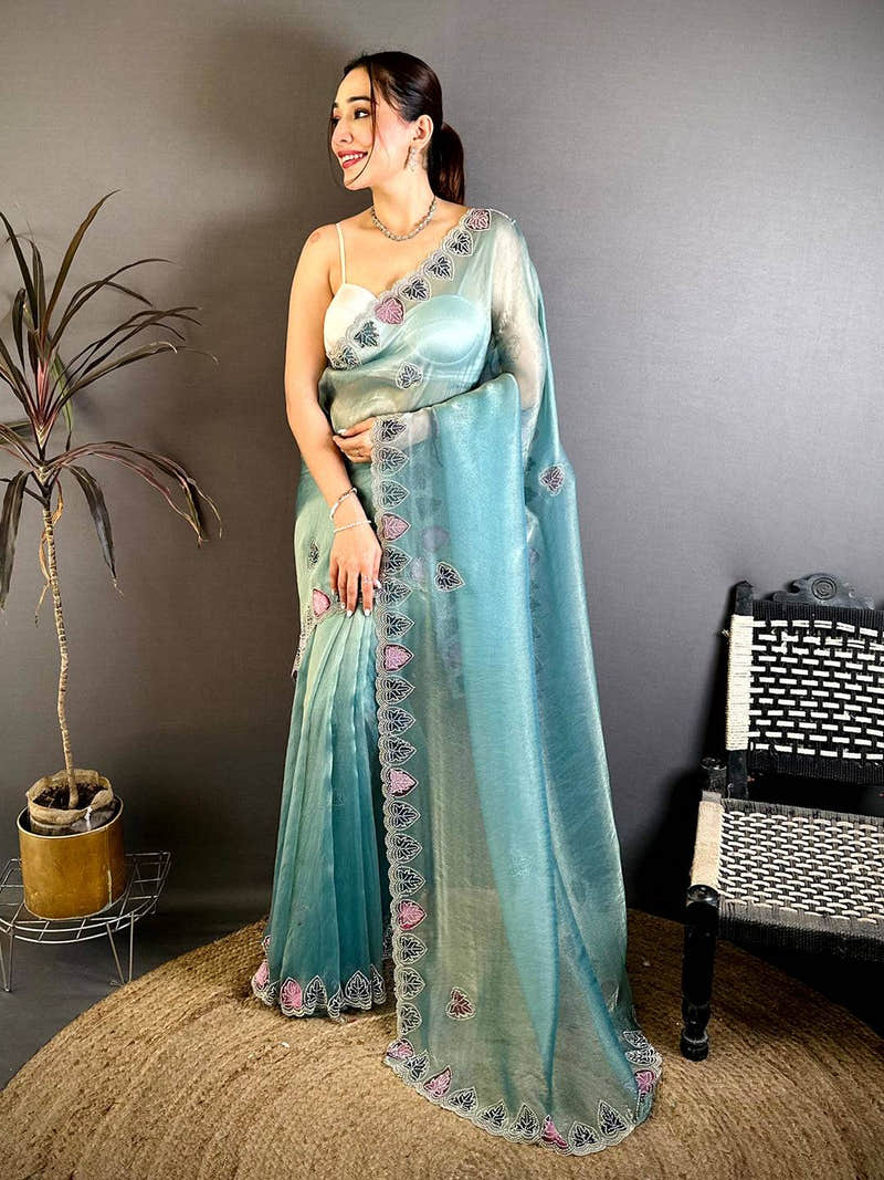 Elegant Hand Painted Border Diamond Work Saree