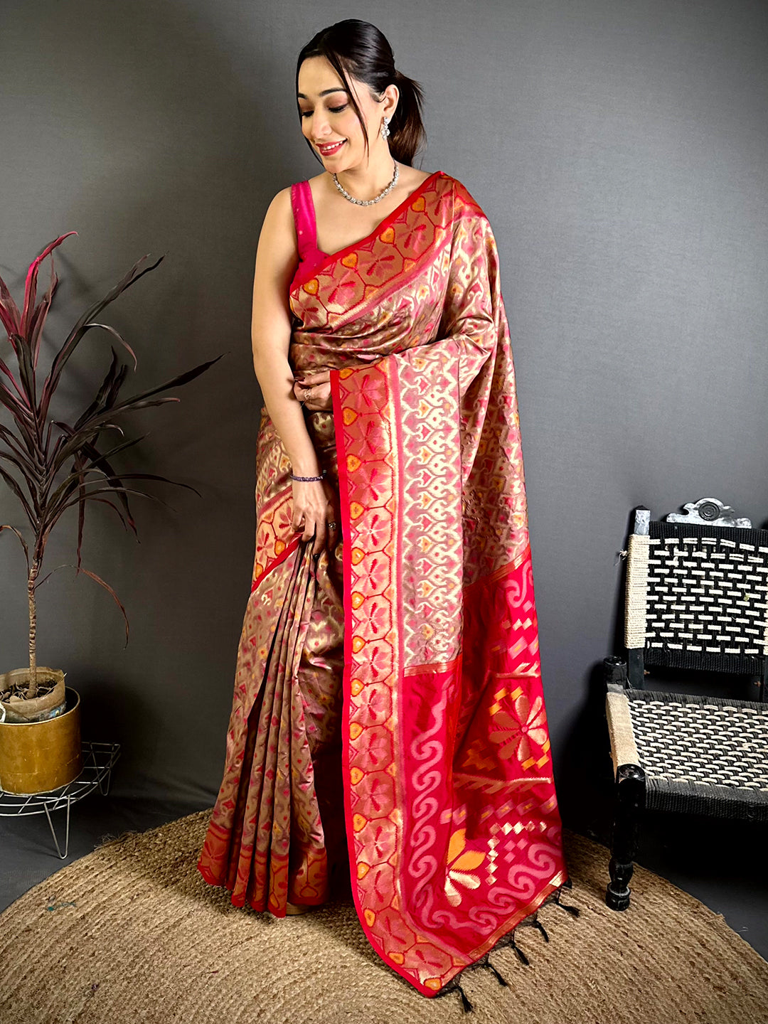 Radiant Peach Ikkat Soft Silk Saree