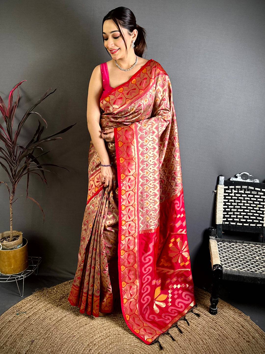 Radiant Peach Ikkat Soft Silk Saree