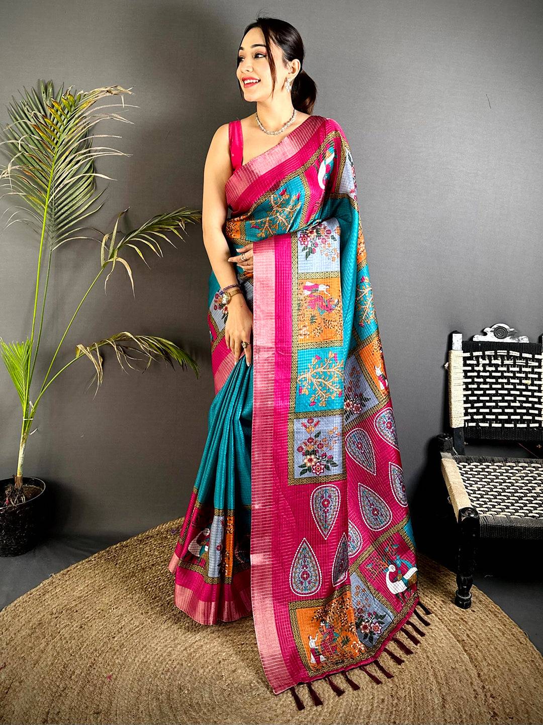 Rama Tussar Kalalmkari Print Saree