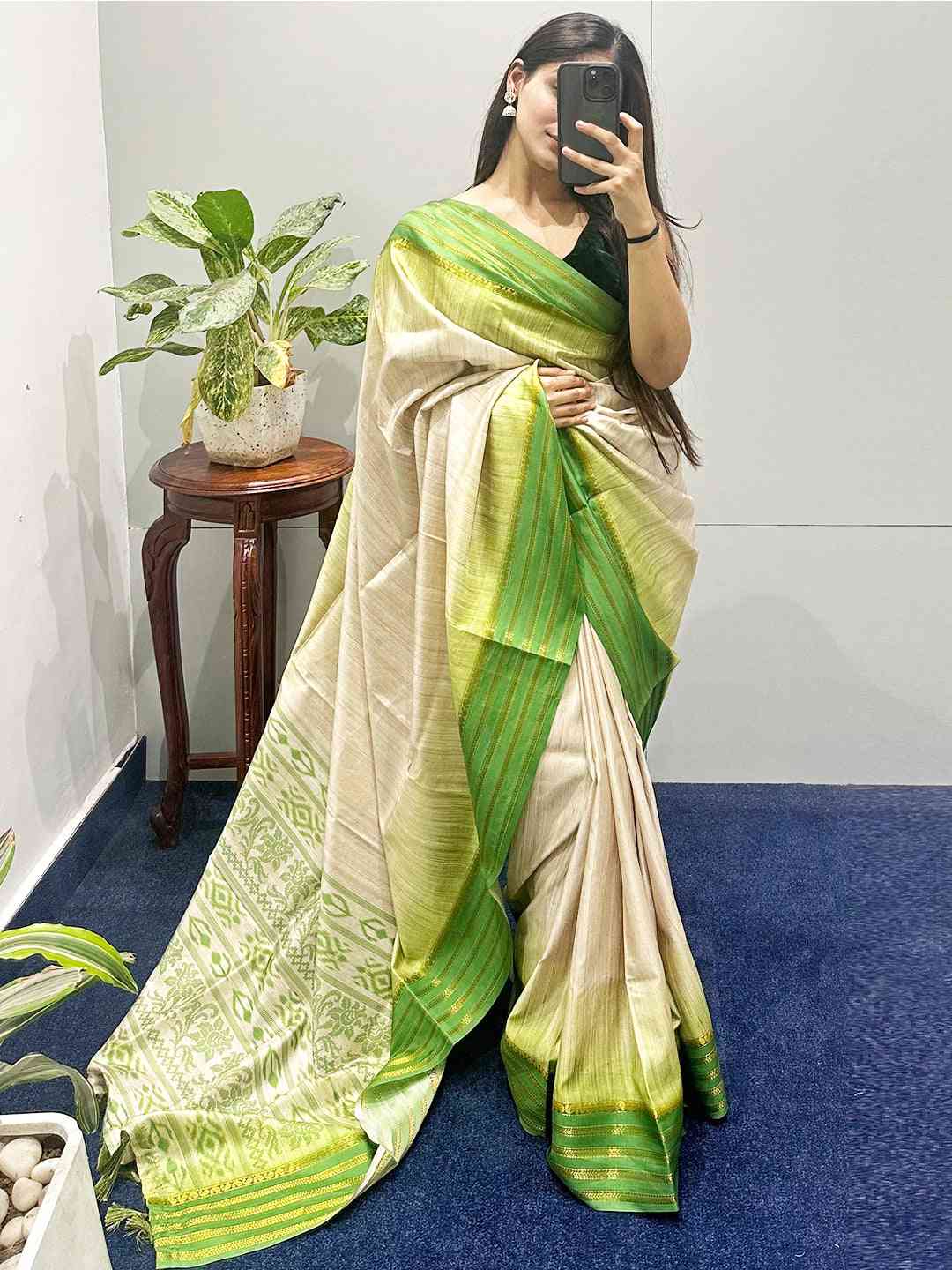 Chic Ghicha saree showcasing green Ikkat motifs and paisley patterns