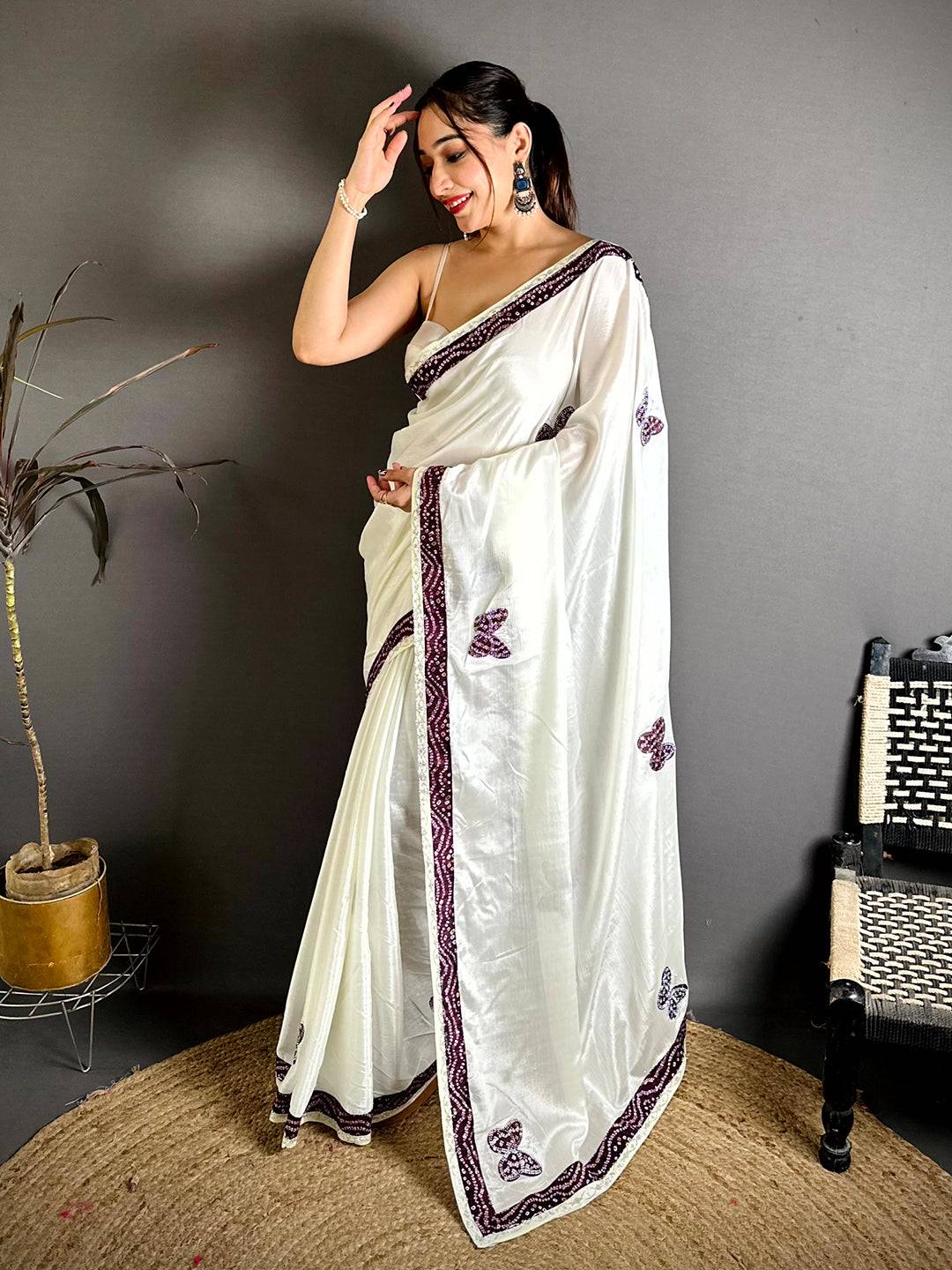Wine Soft Chinnon Butterfly Butta Saree