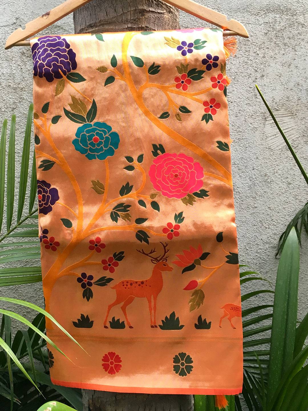 Orange Meenakari Work Paithani Saree with floral and deer motifs