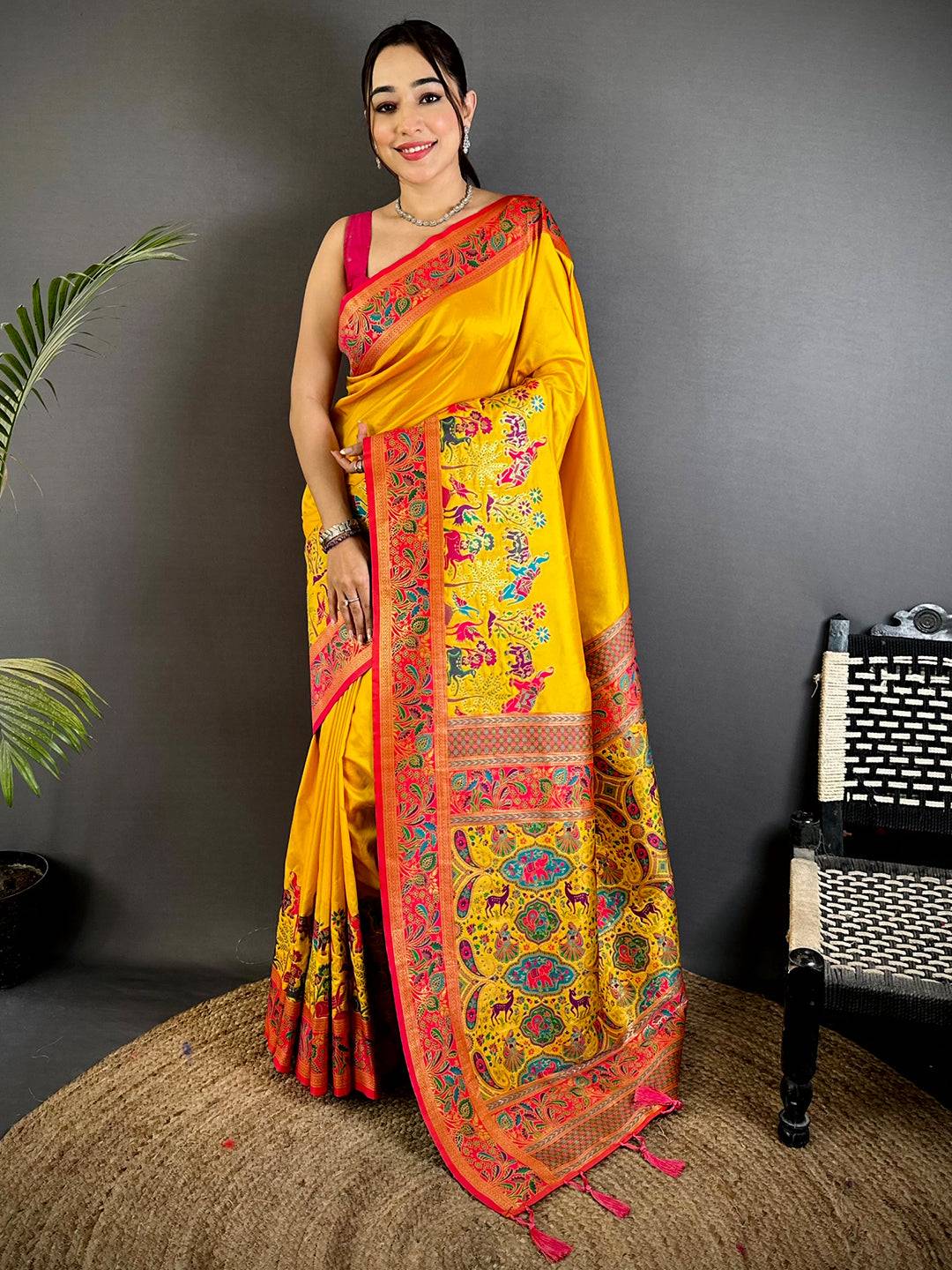 Yellow Soft Semi Silk Minakari Weave Saree