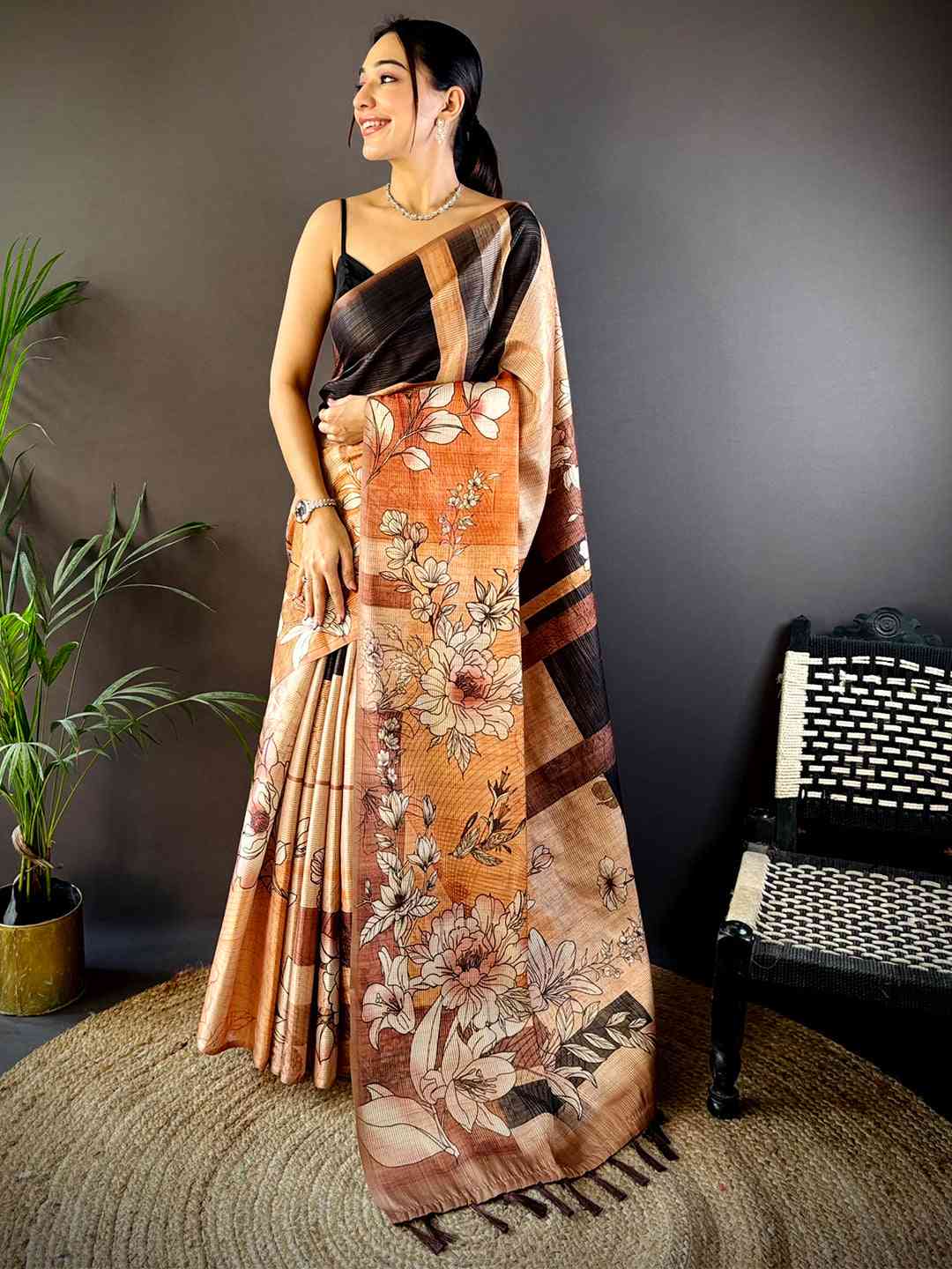 Petals Peach Tussar Zari Floral Saree