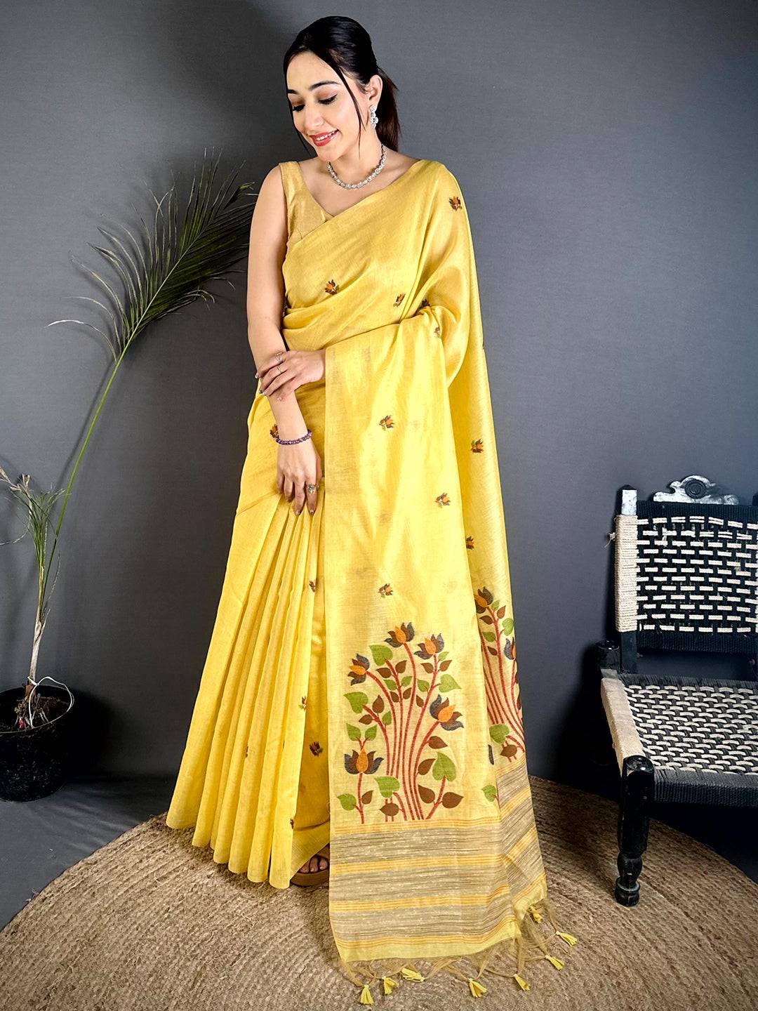 Yellow Ghicha Minakari Weave Saree