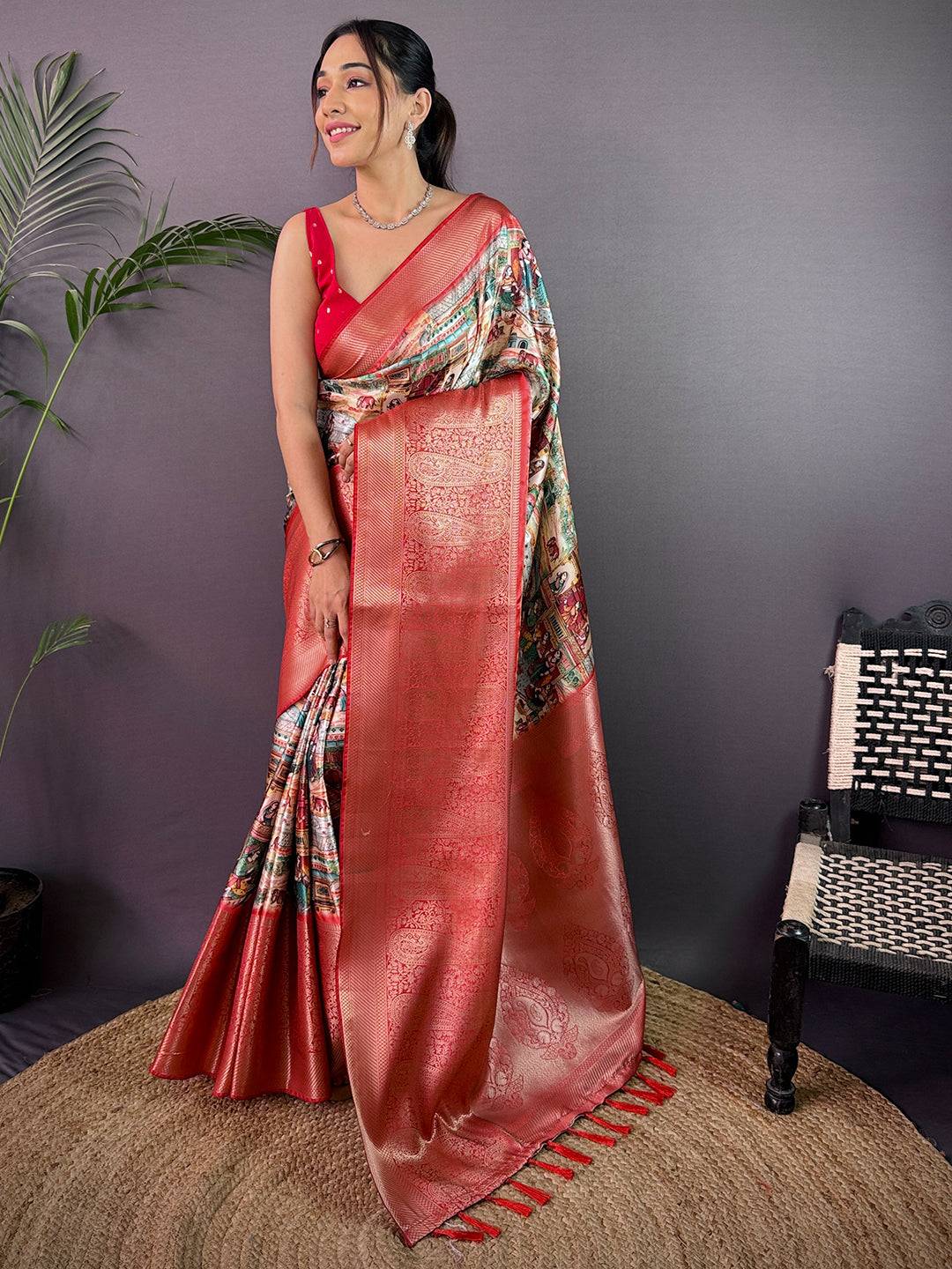 Multi Cherry Satin Kalamkari Saree