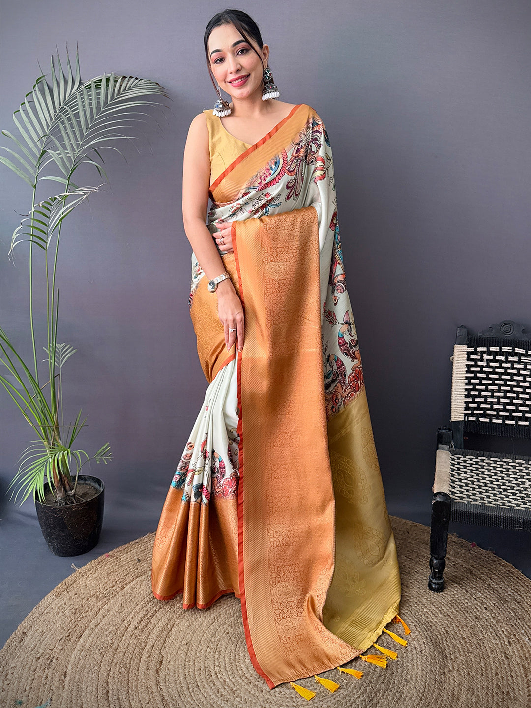 Royal Cherry Satin Kalamkari Printed Saree