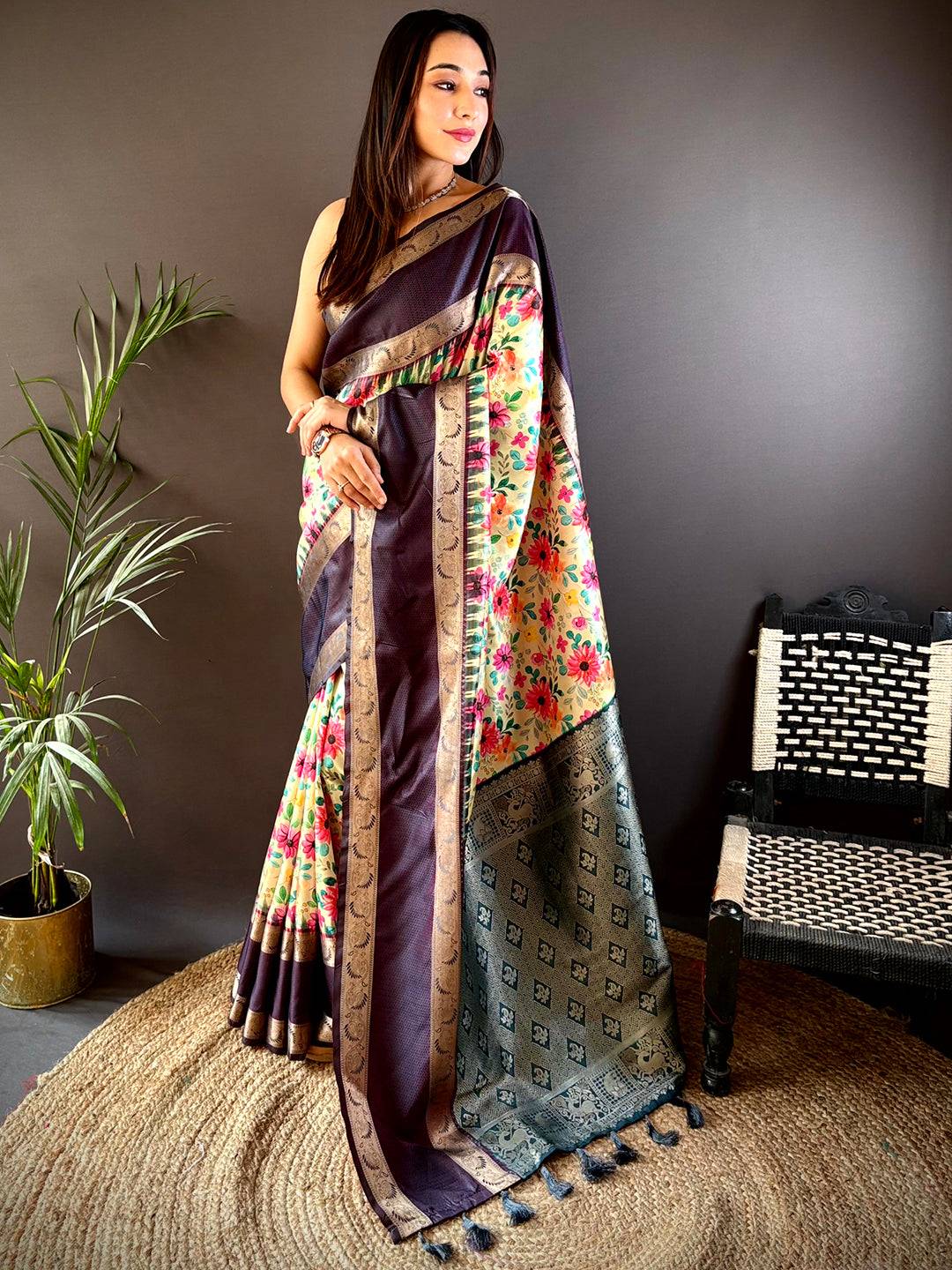 Elegant navy blue Banarasi saree with intricate Pattu Zari border