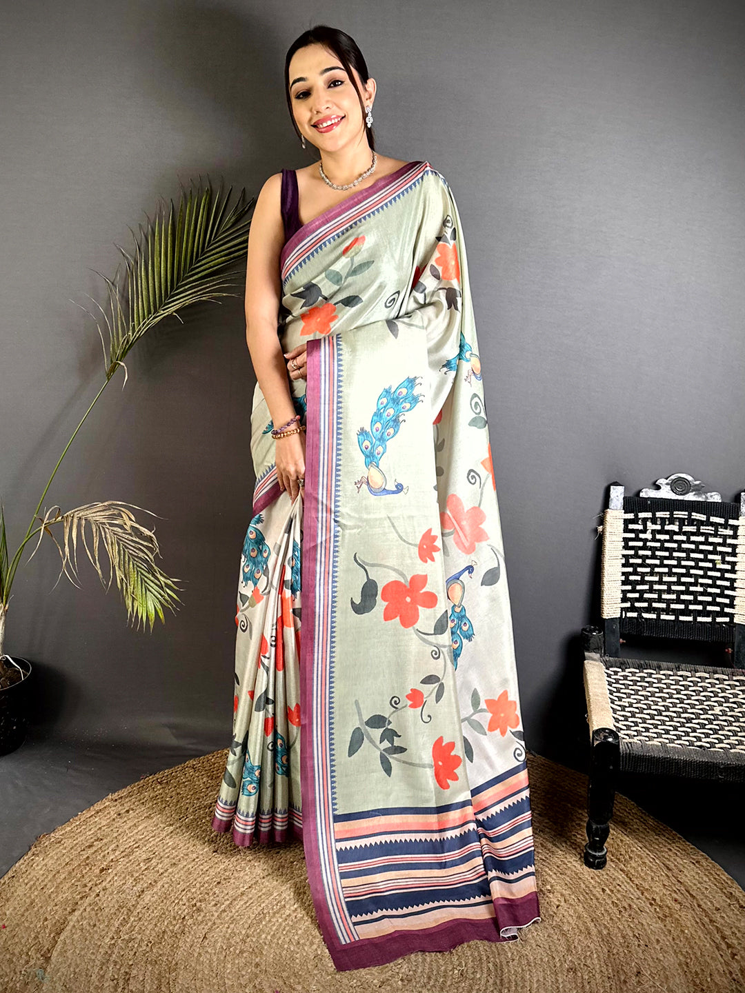 Pista Floral Tussar Ikkat Border Saree