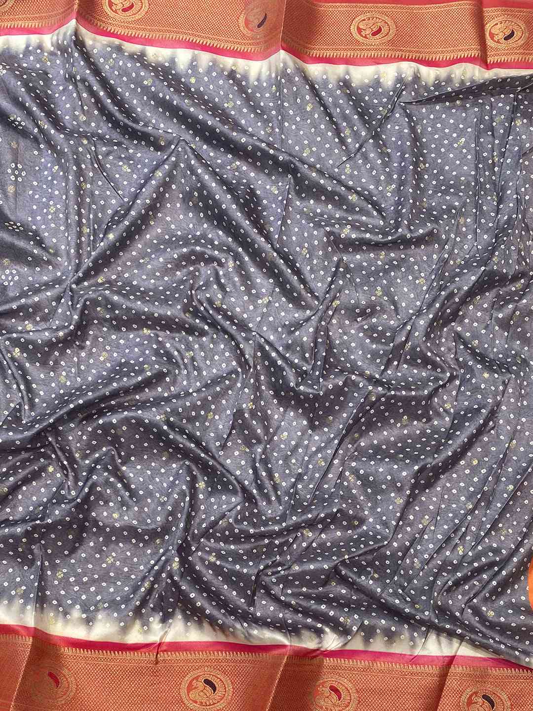 Close-up of Paithani Minakari Pallu Bandhej Print Saree fabric