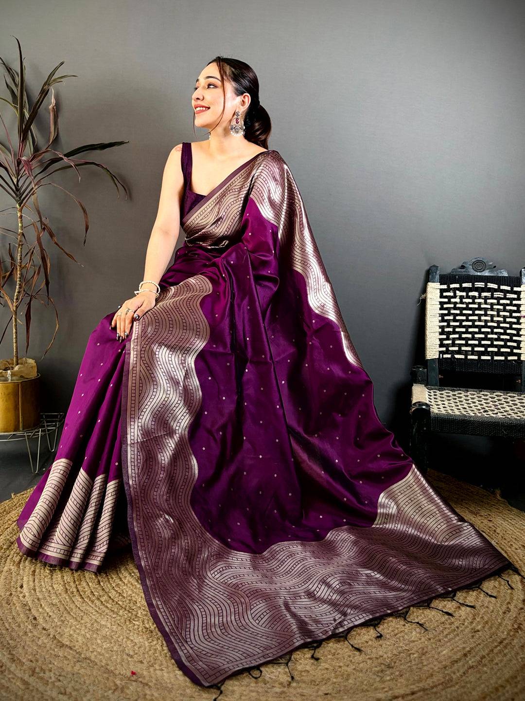 Wine Anmol Zari Banarasi Katan Silk Saree