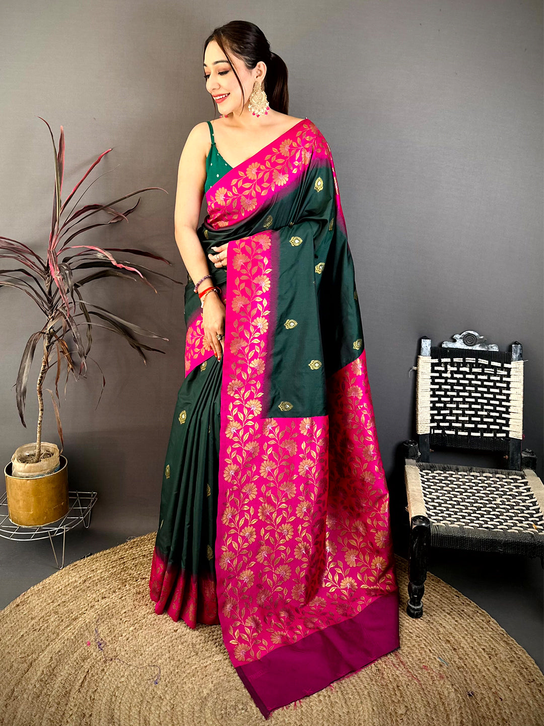 Deep Green Soft Silk Kanjivaram Saree with Pink Floral Border and Gold Accents