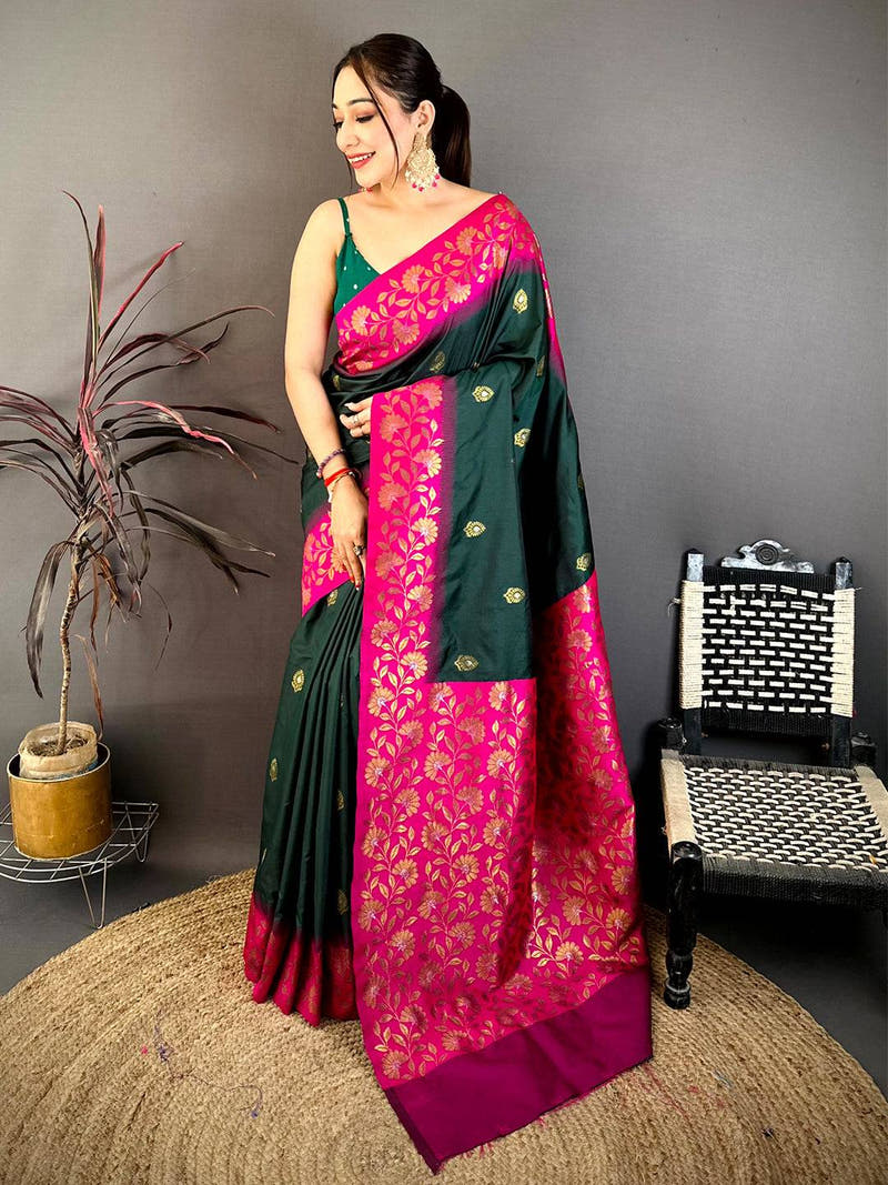 Deep Green Soft Silk Kanjivaram Saree with Pink Floral Border and Gold Accents
