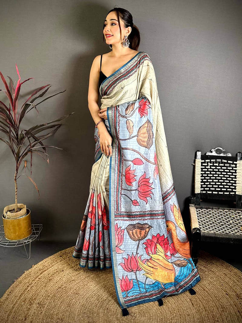 Stylish Madhubani Katha Effect Tussar Saree