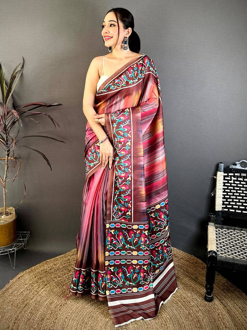 Stylish Parrot Ikkat Print Tussar Saree