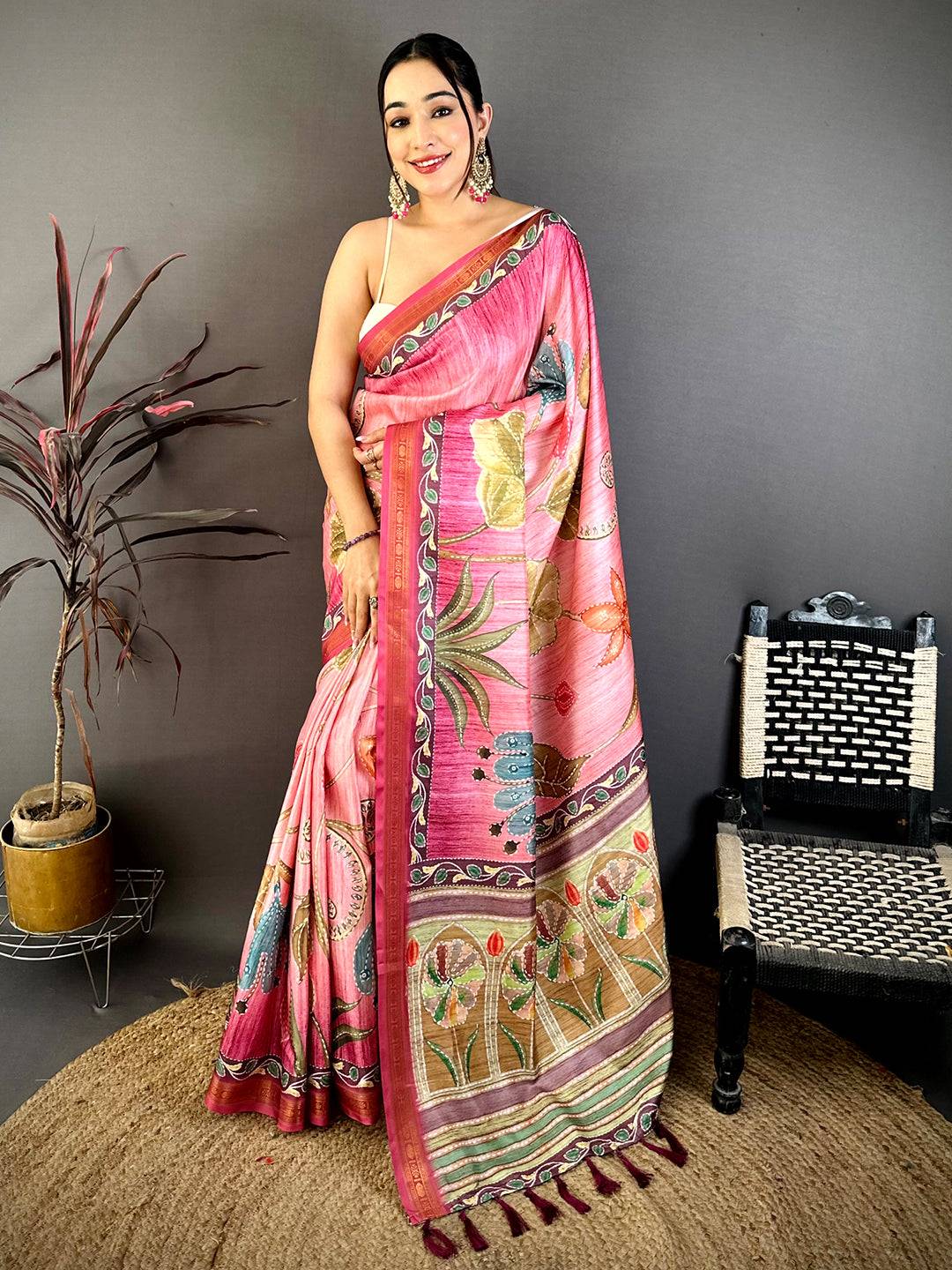 Vibrant Rudraksh Border Floral Silk Saree
