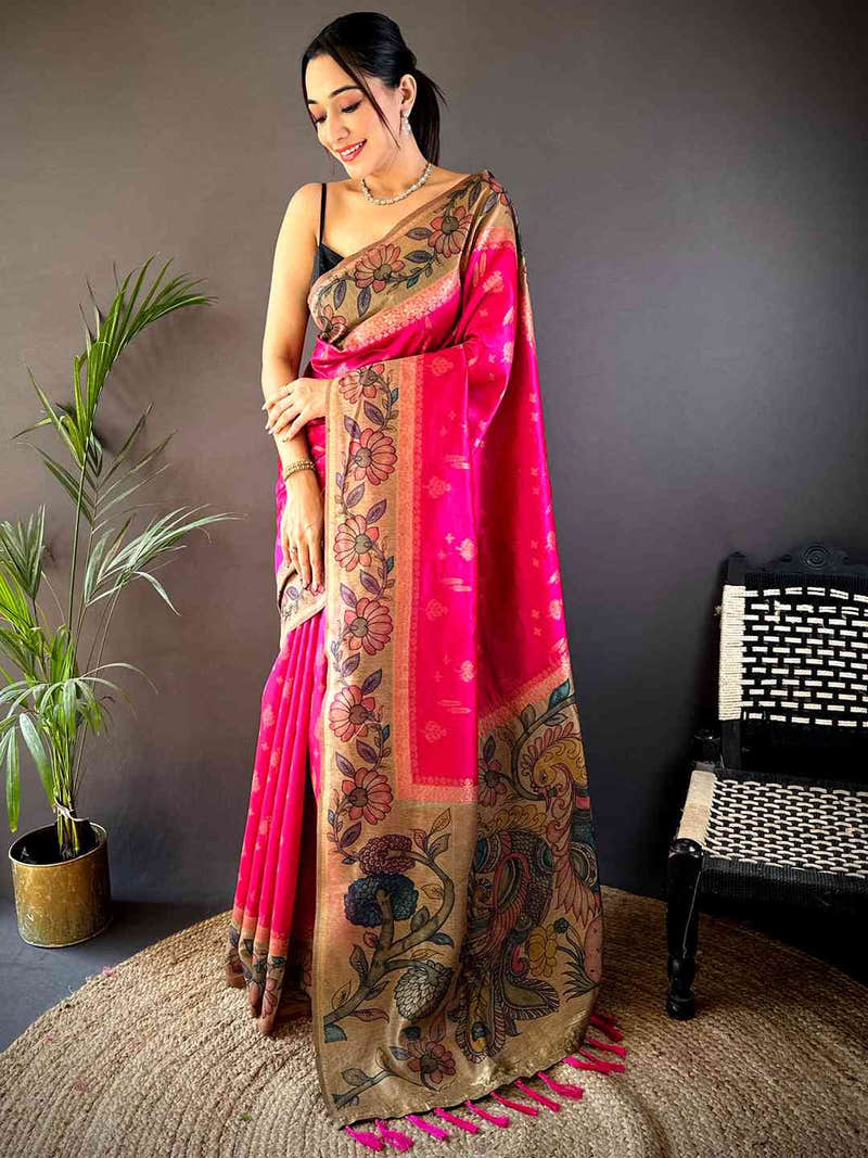 Pink Soft Silk Kalamkari Printed Pallu Saree