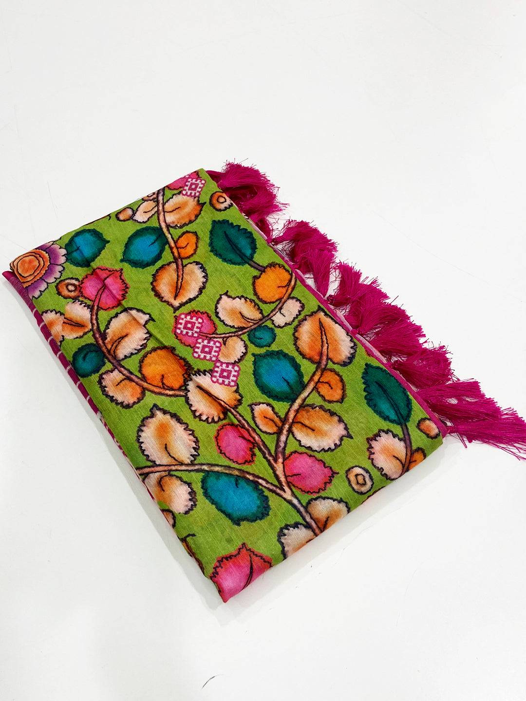 Green Linen Floral Kalamkari Print Saree