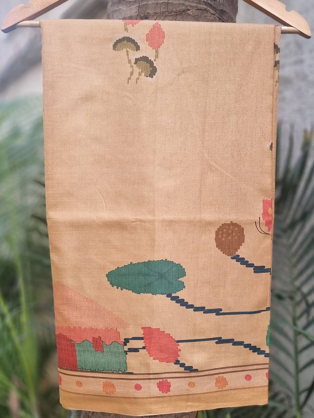 Gold Tussar Silk Saree with Ikkat Kalamkari Print on Hanger