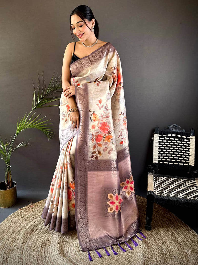 Ivory Slub Ghicha Placement Print Saree