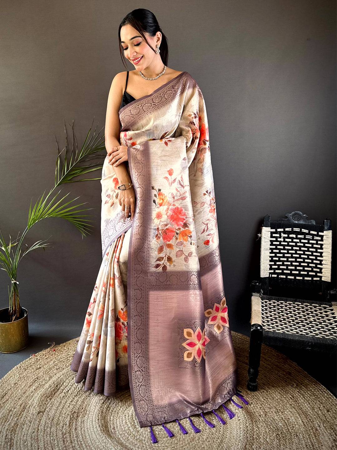 Ivory Slub Ghicha Placement Print Saree