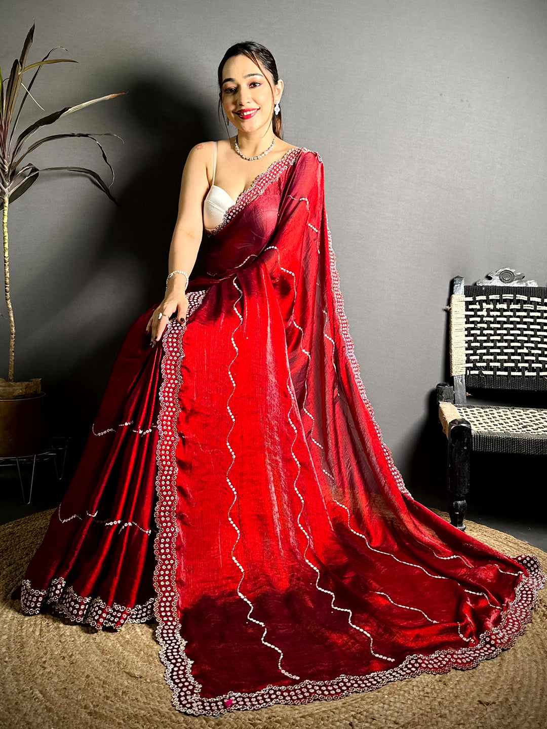 Red Pearl Stone Chiffon Satin Saree