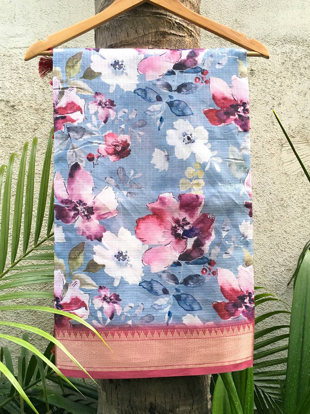 Sky Blue Kota Flower Digital Print Saree on hanger